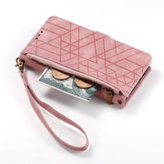 For iPhone 15 Pro Max Geometric Zipper Wallet Side Buckle Leather Phone Case(Pink)