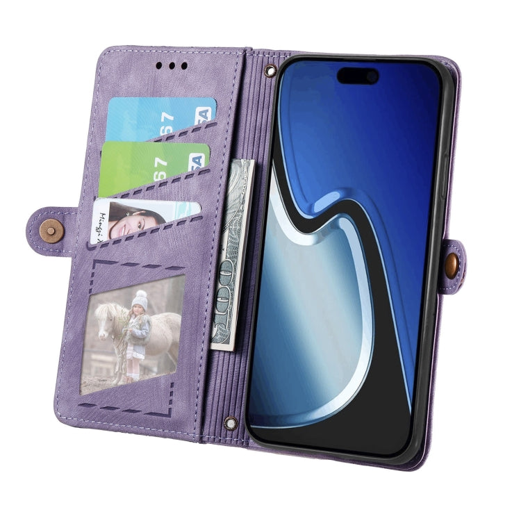 For iPhone 15 Pro Max Geometric Zipper Wallet Side Buckle Leather Phone Case(Purple)