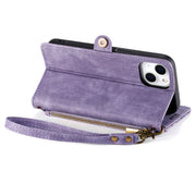 For iPhone 15 Pro Max Geometric Zipper Wallet Side Buckle Leather Phone Case(Purple)