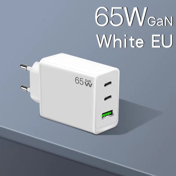 GaN PD65W Type-C x 2 + USB3.0 Charger with Type-C to Type-C Data Cable ,EU Plug(White)