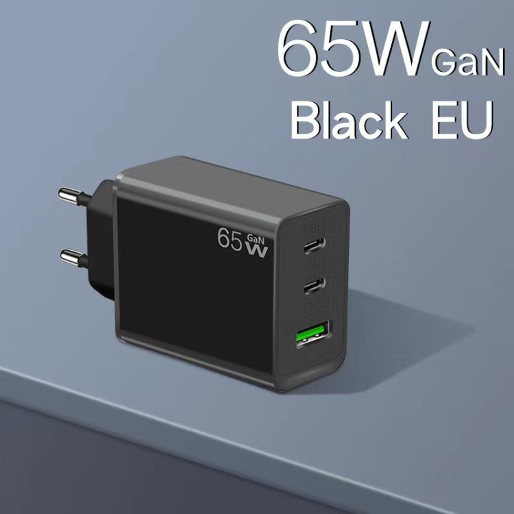 GaN PD65W Type-C x 2 + USB3.0 Charger with Type-C to Type-C Data Cable ,EU Plug(Black)