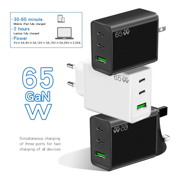GaN PD65W Type-C x 2 + USB3.0 Charger with Type-C to Type-C Data Cable ,EU Plug(Black)