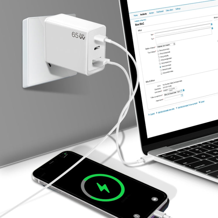 GaN PD65W Type-C x 2 + USB3.0 Charger with Type-C to Type-C Data Cable ,EU Plug(Black)
