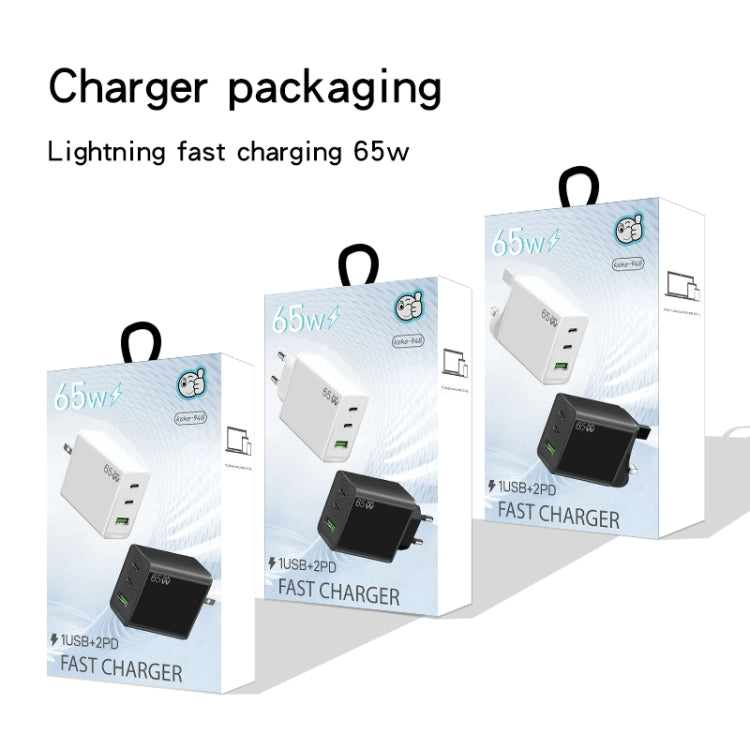 GaN PD65W Type-C x 2 + USB3.0 Charger with Type-C to Type-C Data Cable ,EU Plug(Black)