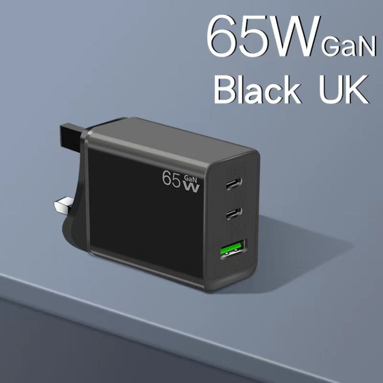 GaN PD65W Type-C x 2 + USB3.0 Charger with Type-C to Type-C Data Cable ,UK Plug(Black)