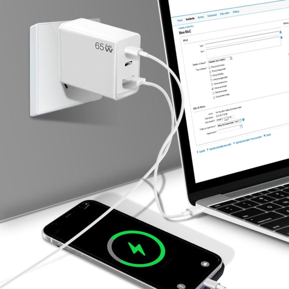 GaN PD65W Type-C x 2 + USB3.0 Charger with Type-C to Type-C Data Cable ,UK Plug(White)
