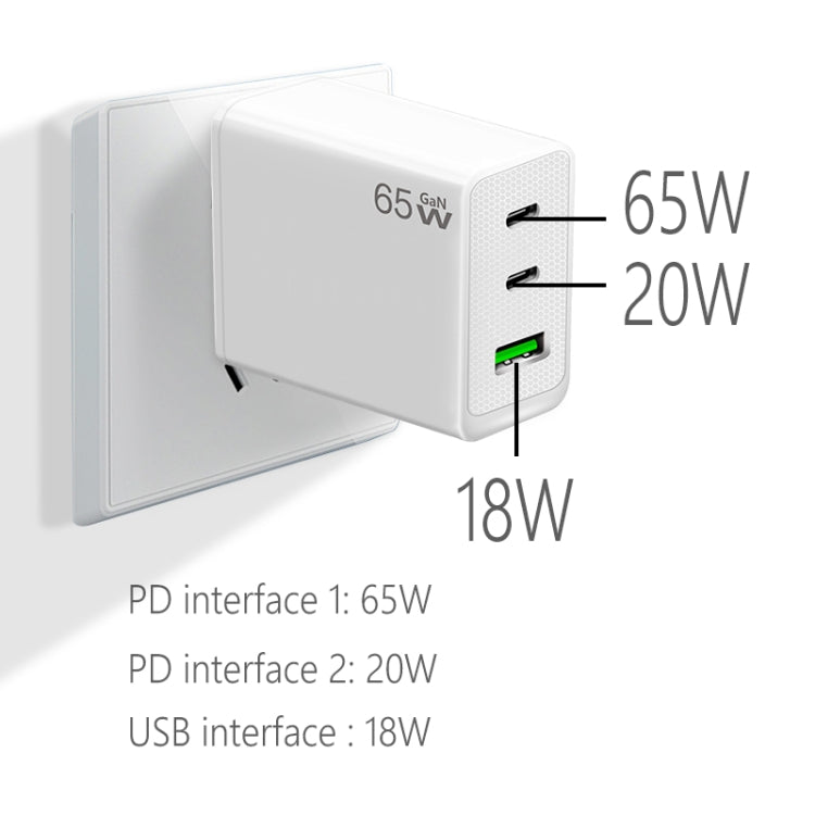 GaN PD65W Type-C x 2 + USB3.0 Charger with Type-C to Type-C Data Cable ,UK Plug(White)