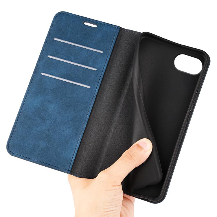 For iPhone 16e Retro-skin  Magnetic Suction Leather Phone Case(Dark Blue)