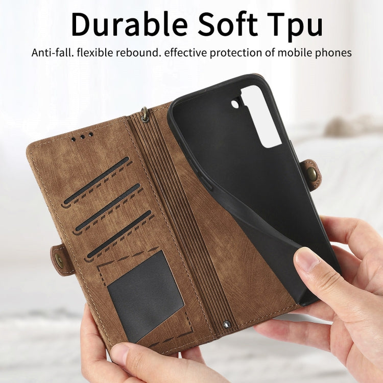 For Samsung Galaxy S23+ 5G Geometric Zipper Wallet Side Buckle Leather Phone Case(Brown)