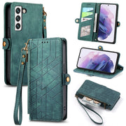 For Samsung Galaxy S21 FE 5G Geometric Zipper Wallet Side Buckle Leather Phone Case(Green)