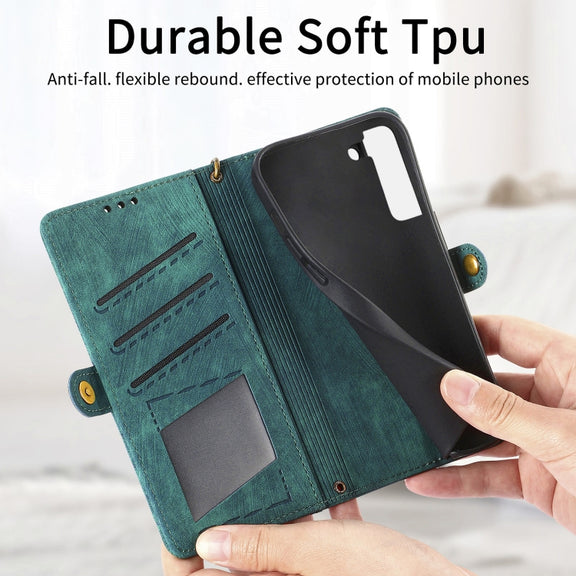 For Samsung Galaxy S21 FE 5G Geometric Zipper Wallet Side Buckle Leather Phone Case(Green)