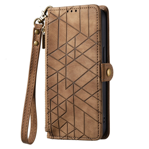 For Samsung Galaxy S20 Geometric Zipper Wallet Side Buckle Leather Phone Case(Brown)