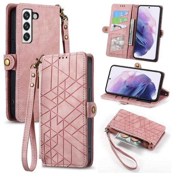 For Samsung Galaxy S20 Ultra Geometric Zipper Wallet Side Buckle Leather Phone Case(Pink)