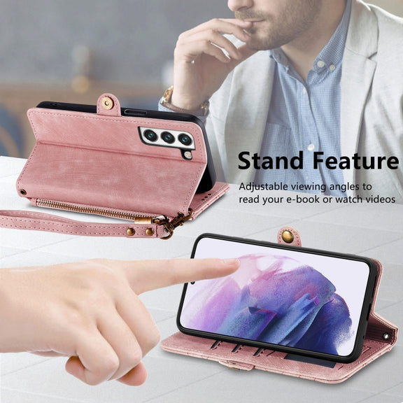 For Samsung Galaxy S20 Ultra Geometric Zipper Wallet Side Buckle Leather Phone Case(Pink)