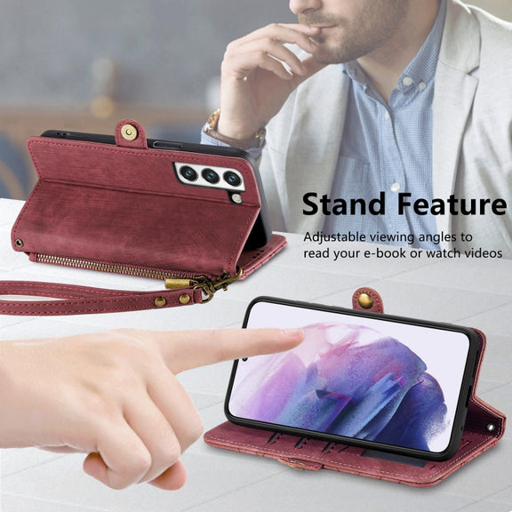 For Samsung Galaxy Note20 Geometric Zipper Wallet Side Buckle Leather Phone Case(Red)