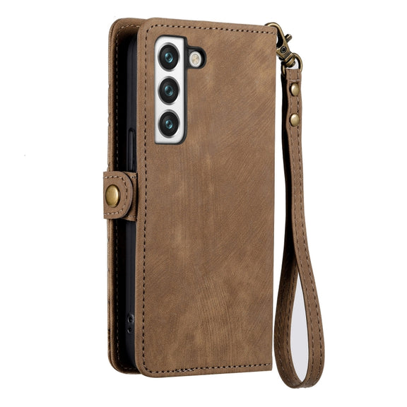 For Samsung Galaxy Note20 Geometric Zipper Wallet Side Buckle Leather Phone Case(Brown)