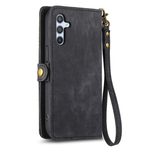 For Samsung Galaxy A30 Geometric Zipper Wallet Side Buckle Leather Phone Case(Black)