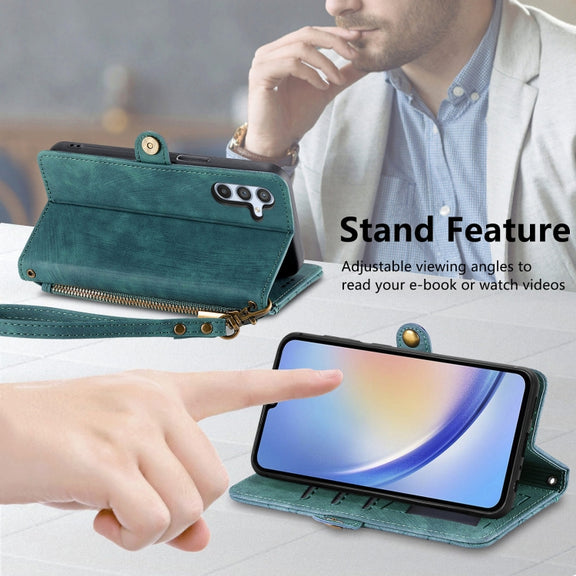 For Samsung Galaxy A11 Geometric Zipper Wallet Side Buckle Leather Phone Case(Green)