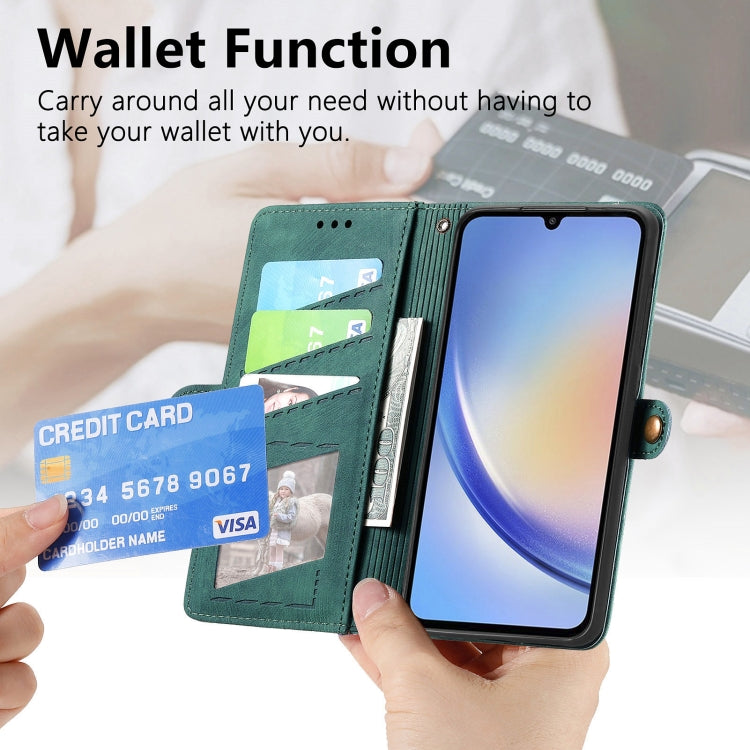 For Samsung Galaxy A12 Geometric Zipper Wallet Side Buckle Leather Phone Case(Green)