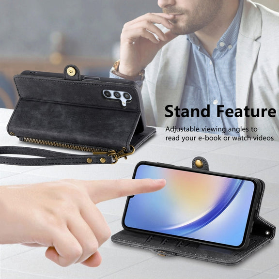 For Samsung Galaxy A51 Geometric Zipper Wallet Side Buckle Leather Phone Case(Black)