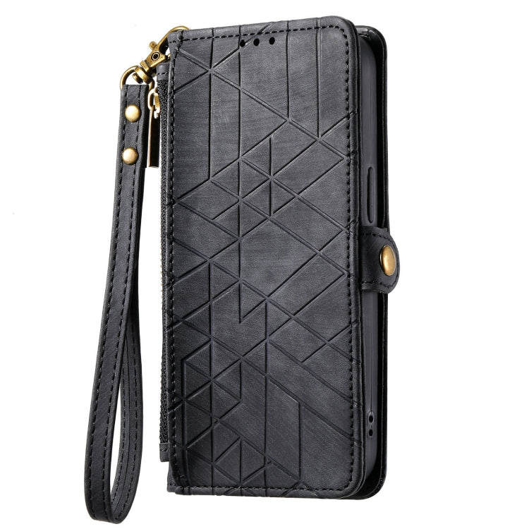 For Samsung Galaxy A71 Geometric Zipper Wallet Side Buckle Leather Phone Case(Black)