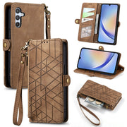 For Samsung Galaxy A21S Geometric Zipper Wallet Side Buckle Leather Phone Case(Brown)