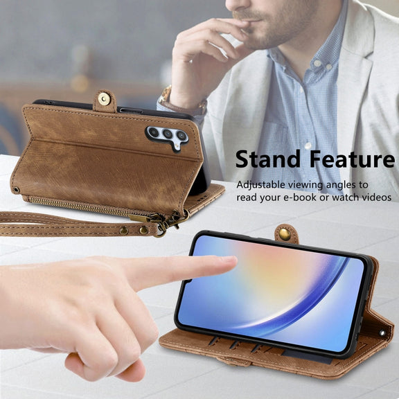 For Samsung Galaxy A21S Geometric Zipper Wallet Side Buckle Leather Phone Case(Brown)