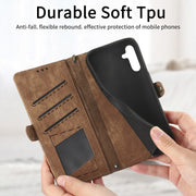 For Samsung Galaxy A21S Geometric Zipper Wallet Side Buckle Leather Phone Case(Brown)