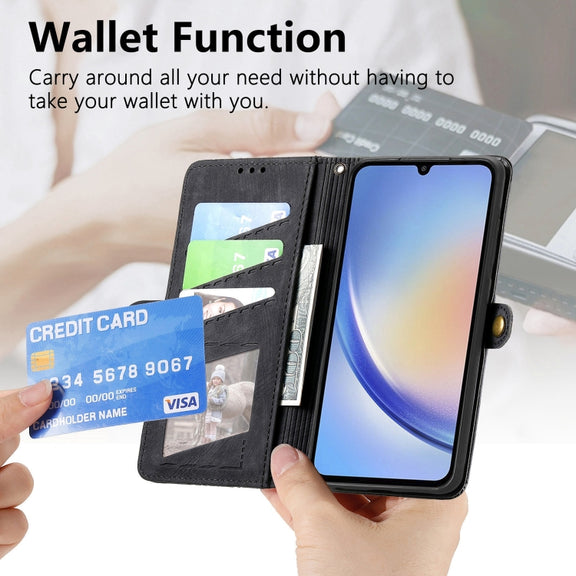 For Samsung Galaxy A21S Geometric Zipper Wallet Side Buckle Leather Phone Case(Black)