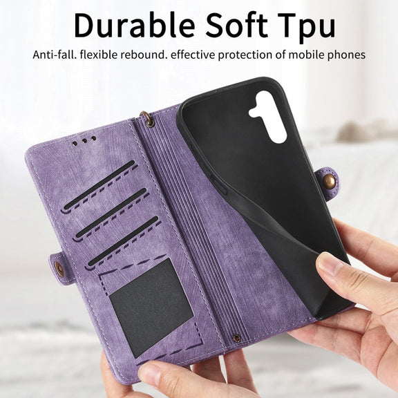For Samsung Galaxy A42 5G Geometric Zipper Wallet Side Buckle Leather Phone Case(Purple)