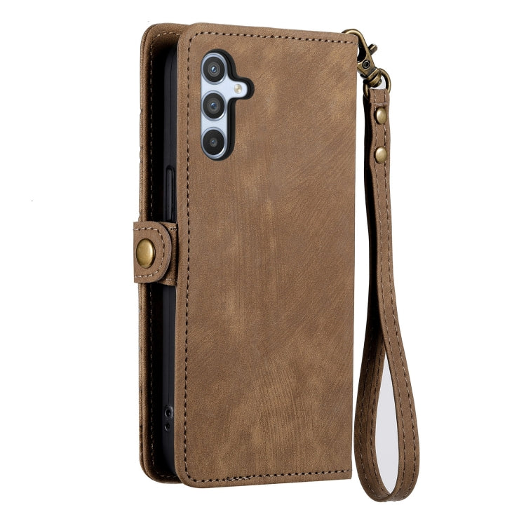 For Samsung Galaxy A42 5G Geometric Zipper Wallet Side Buckle Leather Phone Case(Brown)