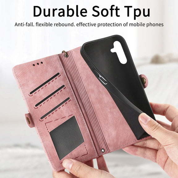 For Samsung Galaxy A22 4G Geometric Zipper Wallet Side Buckle Leather Phone Case(Pink)