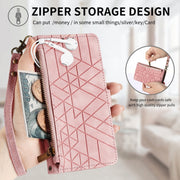For Samsung Galaxy A13 5G Geometric Zipper Wallet Side Buckle Leather Phone Case(Pink)