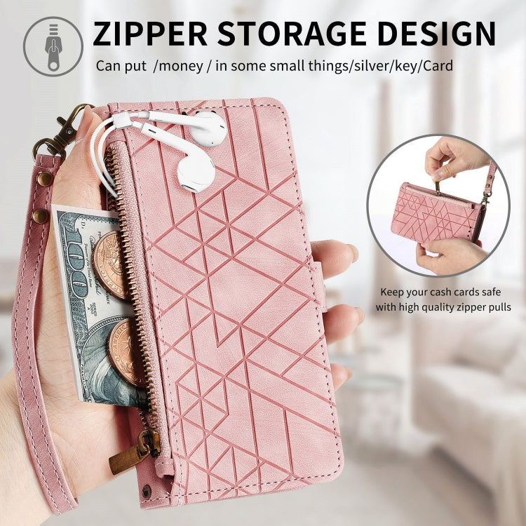 For Samsung Galaxy A13 5G Geometric Zipper Wallet Side Buckle Leather Phone Case(Pink)