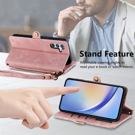 For Samsung Galaxy A14 4G Geometric Zipper Wallet Side Buckle Leather Phone Case(Pink)