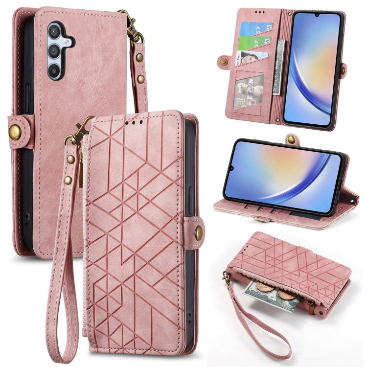 For Samsung Galaxy A14 5G Geometric Zipper Wallet Side Buckle Leather Phone Case(Pink)