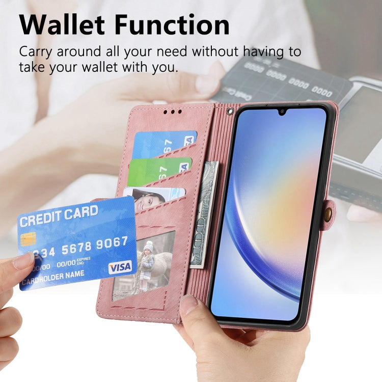 For Samsung Galaxy A14 5G Geometric Zipper Wallet Side Buckle Leather Phone Case(Pink)