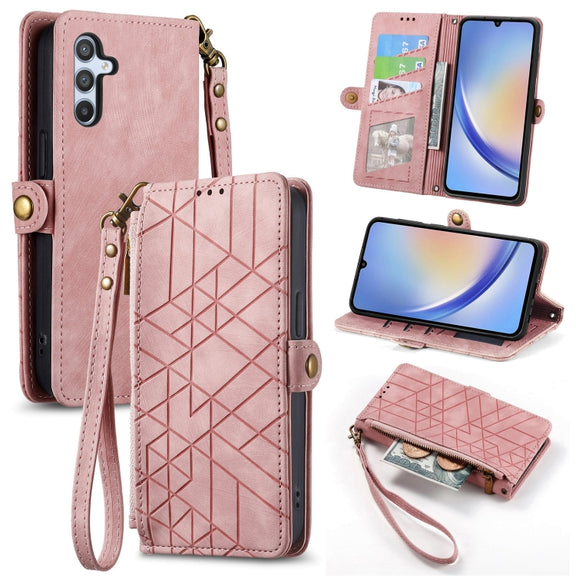 For Samsung Galaxy A14 5G Geometric Zipper Wallet Side Buckle Leather Phone Case(Pink)