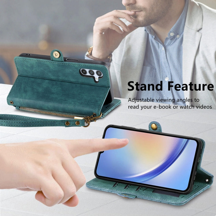 For Samsung Galaxy A24 4G Geometric Zipper Wallet Side Buckle Leather Phone Case(Green)