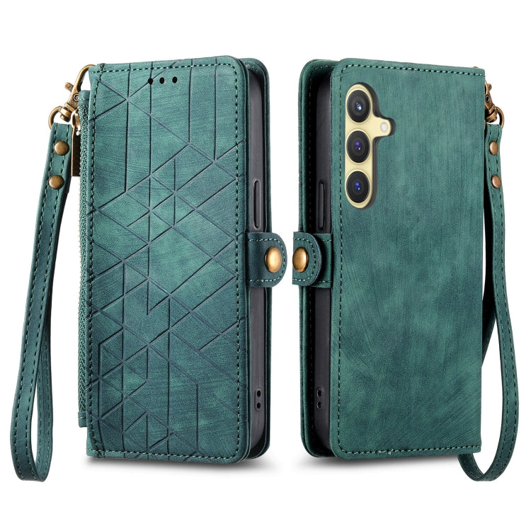 For Samsung Galaxy S25 5G Geometric Zipper Wallet Side Buckle Leather Phone Case(Green)