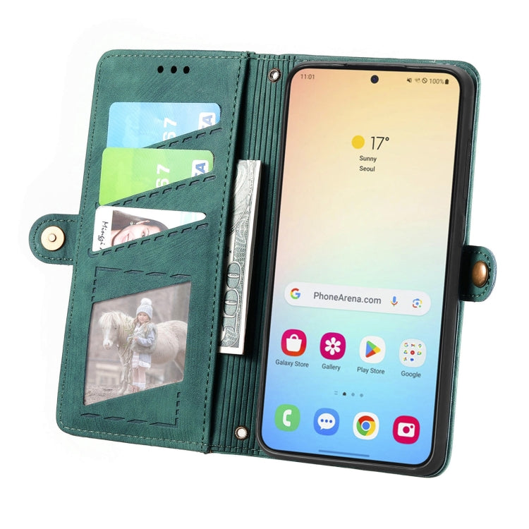 For Samsung Galaxy S25 5G Geometric Zipper Wallet Side Buckle Leather Phone Case(Green)