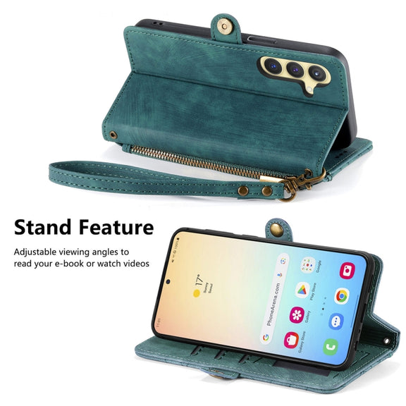 For Samsung Galaxy S25 5G Geometric Zipper Wallet Side Buckle Leather Phone Case(Green)