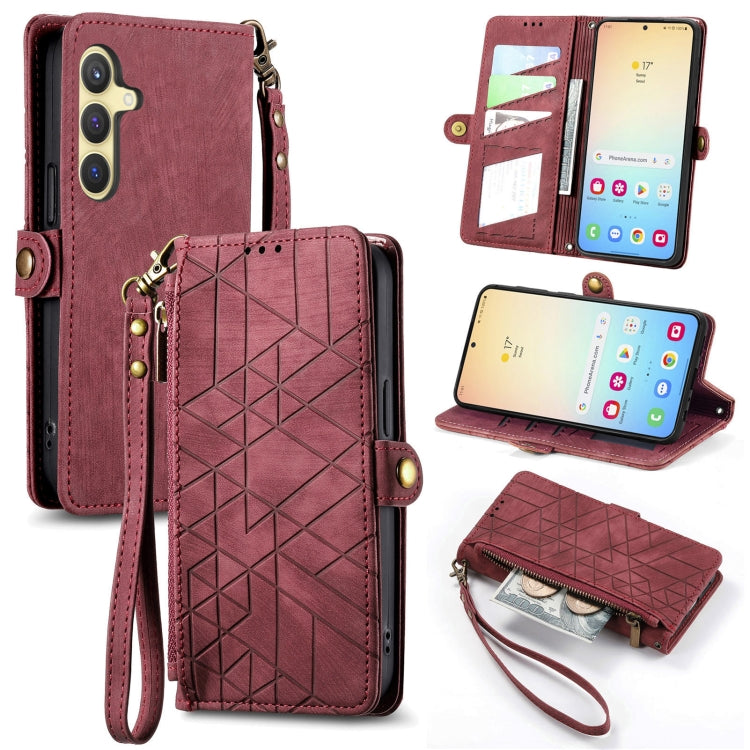 For Samsung Galaxy S25+ 5G Geometric Zipper Wallet Side Buckle Leather Phone Case(Red)