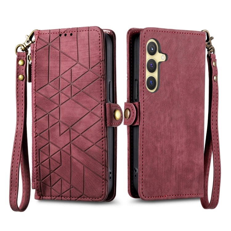 For Samsung Galaxy S25+ 5G Geometric Zipper Wallet Side Buckle Leather Phone Case(Red)