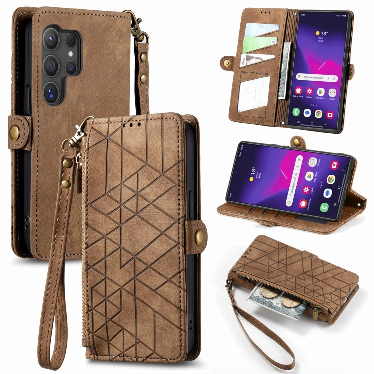 For Samsung Galaxy S25 Ultra 5G Geometric Zipper Wallet Side Buckle Leather Phone Case(Brown)