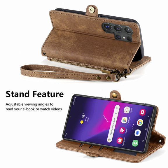 For Samsung Galaxy S25 Ultra 5G Geometric Zipper Wallet Side Buckle Leather Phone Case(Brown)