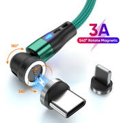 ENKAY 3A USB to Type-C / 8 Pin Magnetic 540 Degrees Rotating Fast Charging Cable, Length:2m(Green)