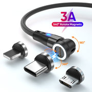 ENKAY 3 in 1 3A USB to Type-C / 8 Pin / Micro USB Magnetic 540 Degrees Rotating Fast Charging Cable, Length:2m(Black)