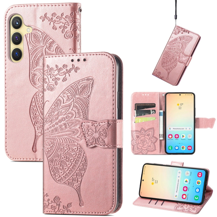 For Samsung Galaxy S25 5G Butterfly Love Flower Embossed Leather Phone Case(Rose Gold)