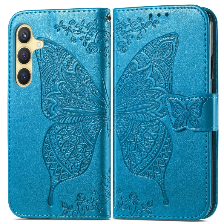 For Samsung Galaxy S25 5G Butterfly Love Flower Embossed Leather Phone Case(Blue)